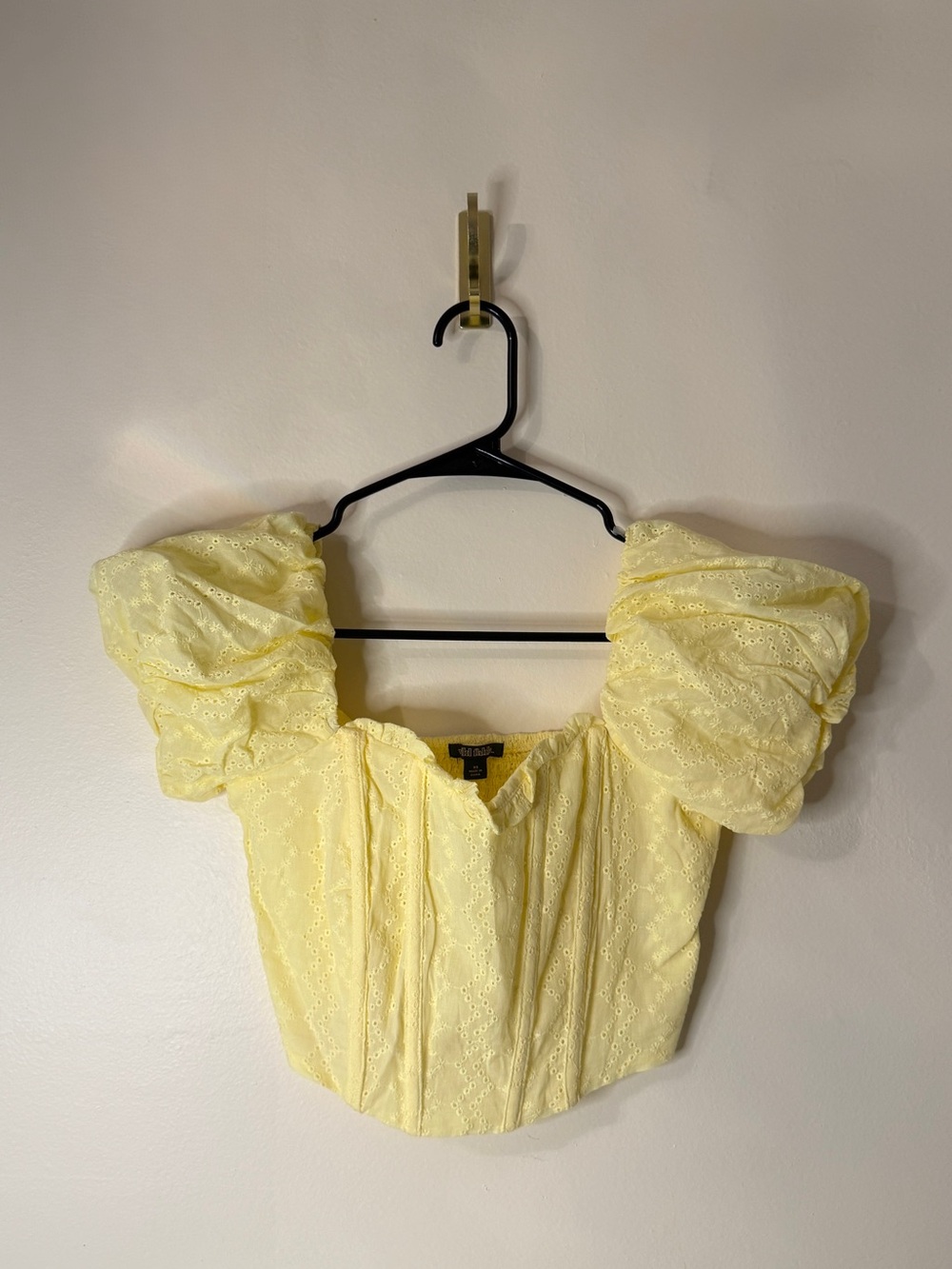 wild fable Pale Yellow Puff-Sleeve Eyelet Crop Top